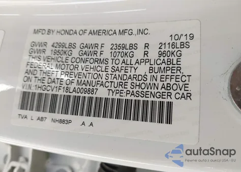2020 Honda Accord Lx z USA, uszkodzony, nr VIN 1HGCV1F18LA009887